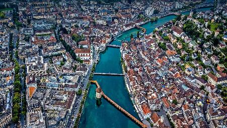 Aerial view of Chapel Bridge over the river Reuss in Lucerne, Switzerland