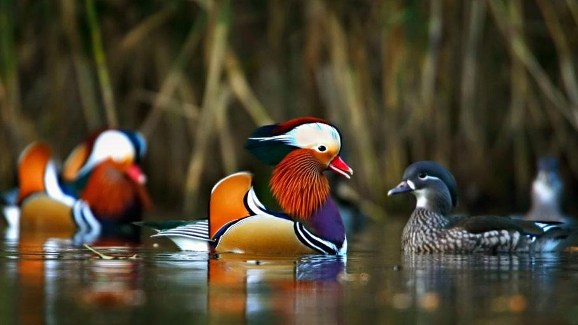 英国格洛斯特县迪恩森林中游泳的鸳鸯